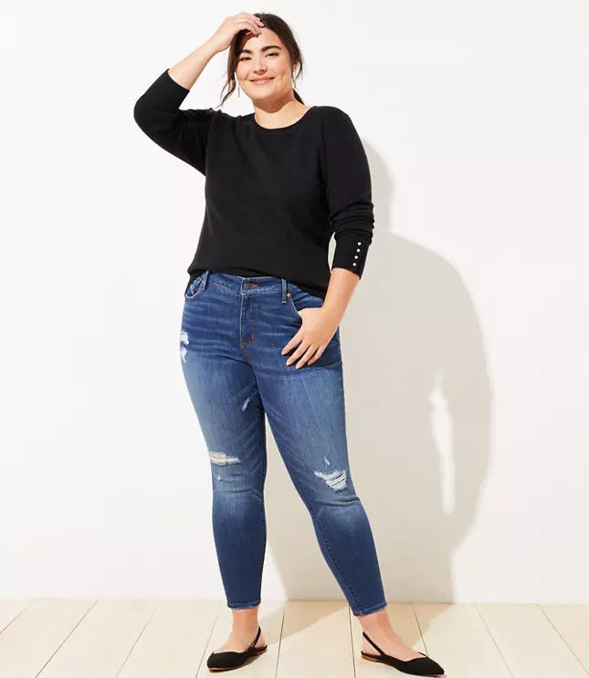 LOFT Plus Distressed Skinny Jeans in Mid Indigo Wash | LOFT | LOFT