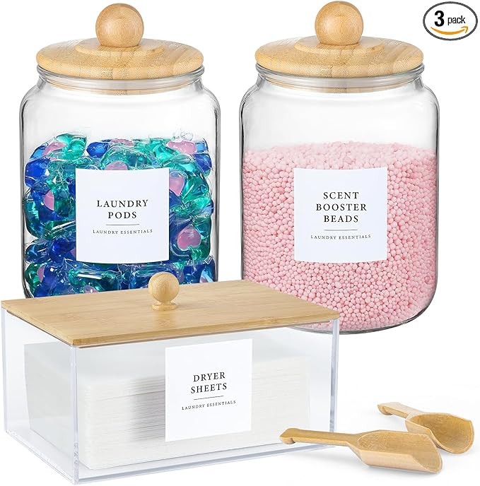 Glass Jars and Dryer Sheet Holder with Bamboo Lids, Dispenser Set and Labels, Containers for Laun... | Amazon (US)