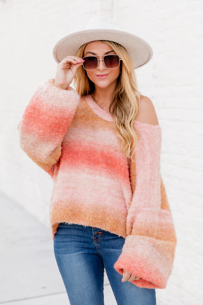 All My Heart Mustard And Coral Ombre Fuzzy Sweater | Pink Lily