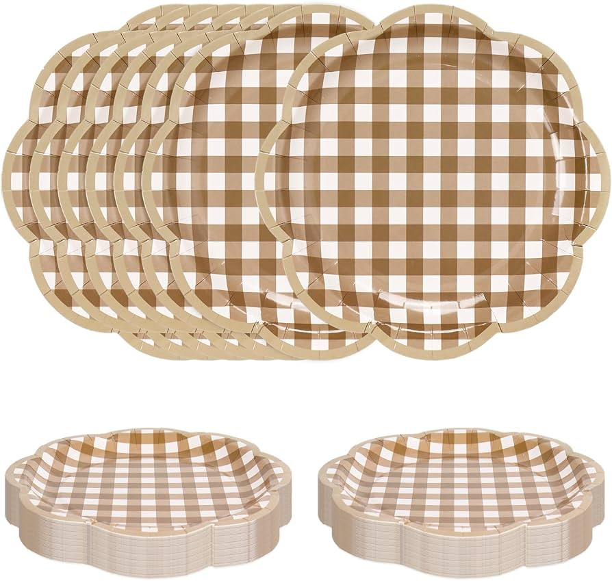 JarThenaAMCS 60 Pcs Brown Gingham Plaid Paper Plates Dessert Plates 7 Inch Brown White Scalloped ... | Amazon (US)