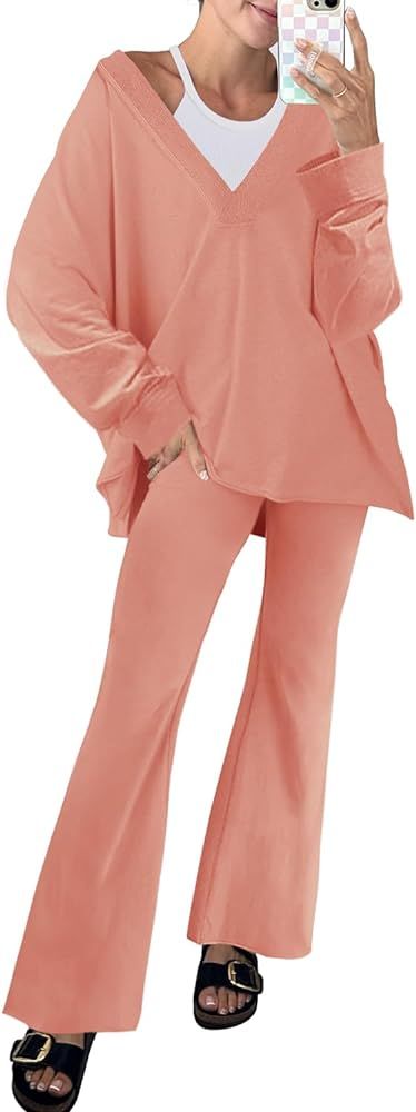 SENSERISE Womens Workout Sets 2 Piece Outfit Oversized Reversible V Neck Long Sleeve Shirts Flare... | Amazon (US)