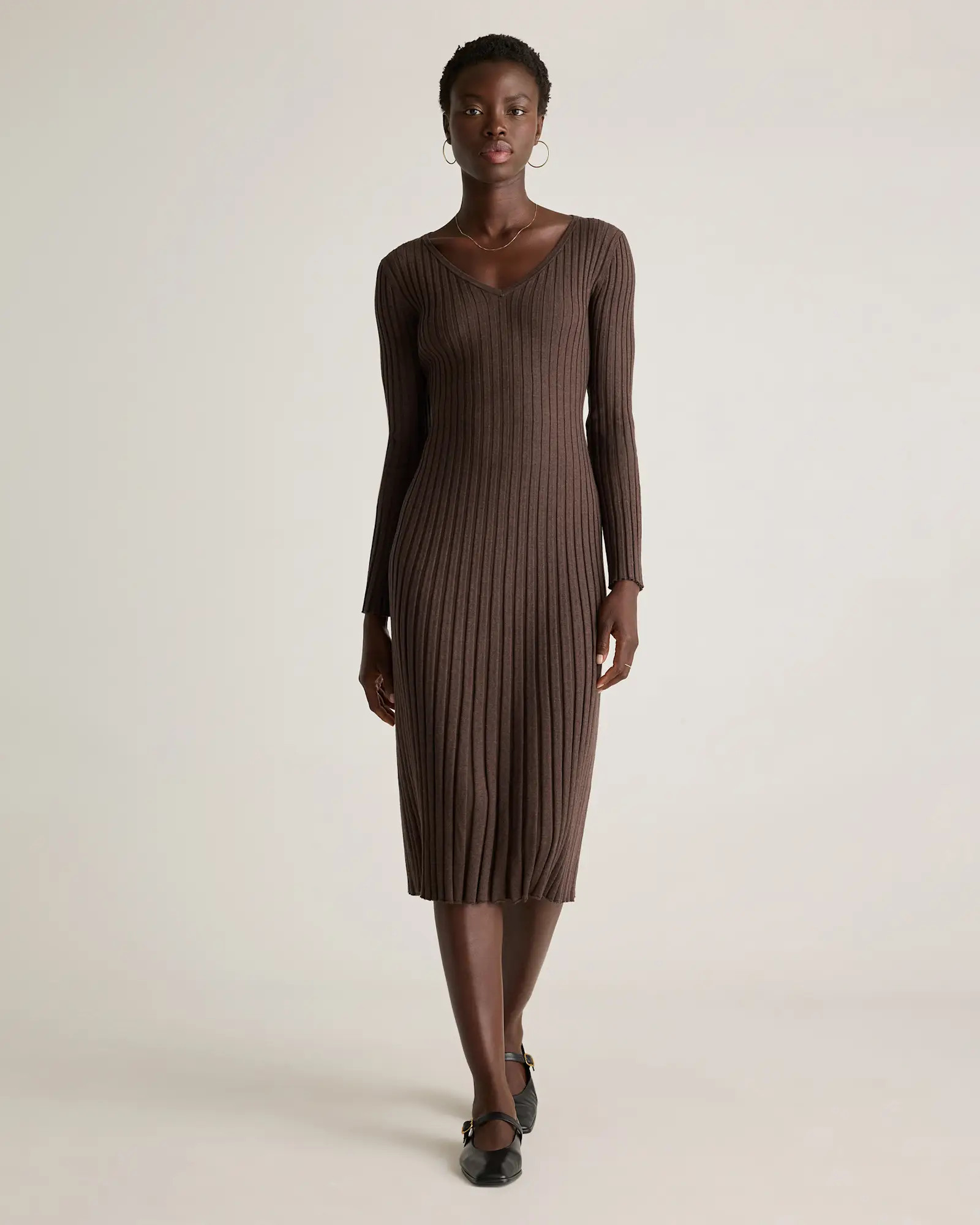 Cotton Cashmere Ribbed Long Sleeve V-Neck Midi Dress | Quince