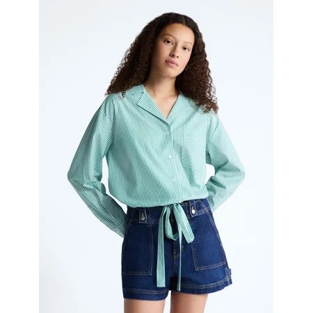 Free Assembly Women's and Women's Plus Cotton Poplin Tie Waist Shirt with Long Sleeves, Sizes XS-4X | Walmart (US)