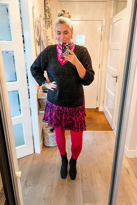 Ootd - Wednesday. Black glitter sweater, pink leopard print mini skirt (old, Shoeby), pink tights (Snag tights), Vivaia heeled ankle boots, pink bandana. 

#LTKgift 

LTKFestiveSaleNL #LTKstyletip #LTKHoliday