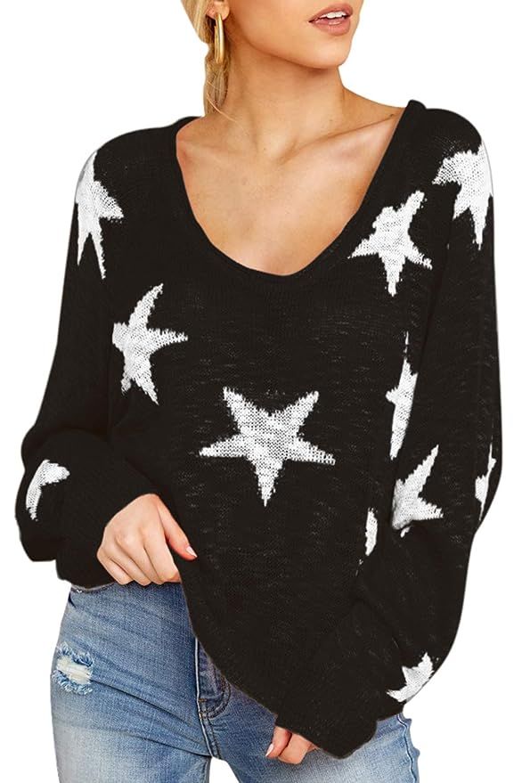 COCOLEGGINGS Women's Boat V Neck Long Sleeve Star Pullover Sweater Tunic Tops | Amazon (US)