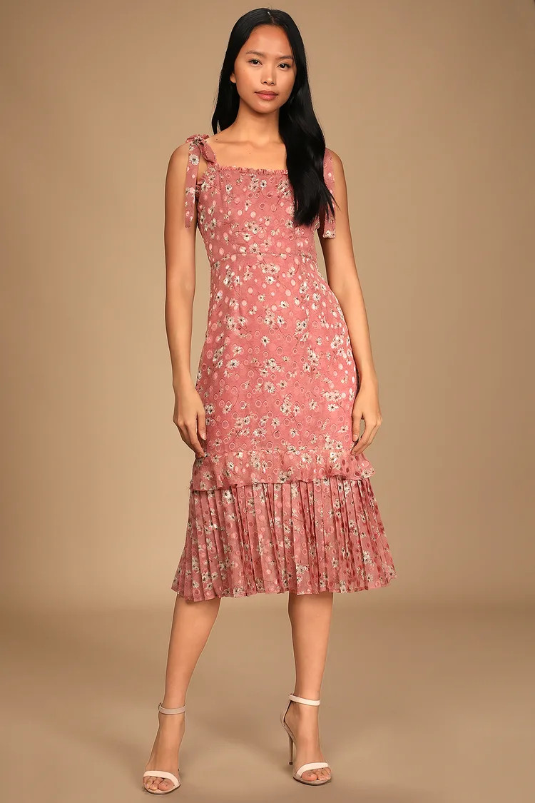 Terrace Views Mauve Pink Floral Print Tiered Midi Dress | Lulus (US)
