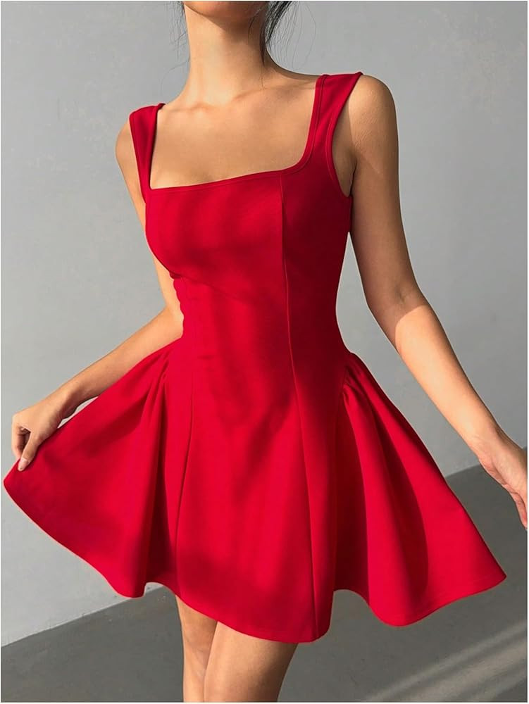 OYOANGLE Women's Open Back Bow Mini Ruffle Dress Square Neck Sleeveless Short Party Dresses | Amazon (US)