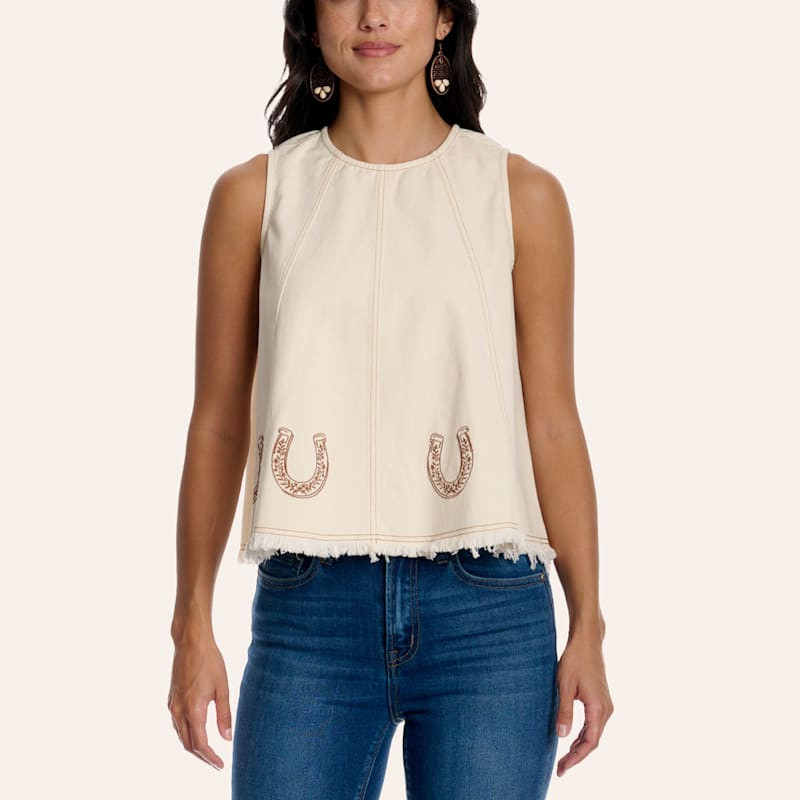 Rockin' C Women's White Denim Horseshoe Embroidered Tank Top | Cavender's