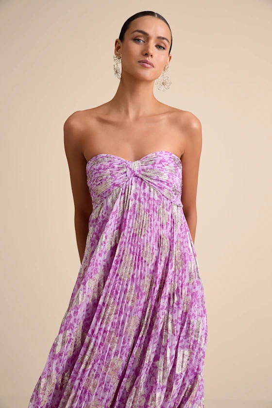 Lynwen Light Purple Abstract Pleated Strapless Maxi Dress | Lulus