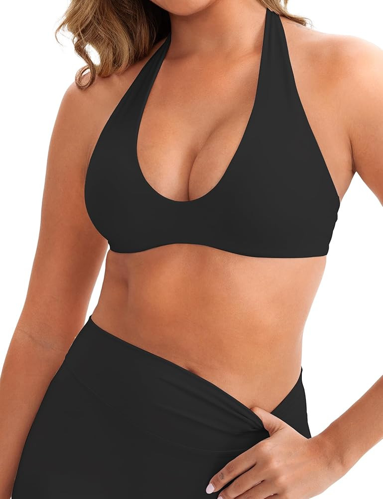 GUWIDEO Halter Sports Bra for Women Longline Strappy Open Back Yoga Bra Removable Cups Workout Gy... | Amazon (US)