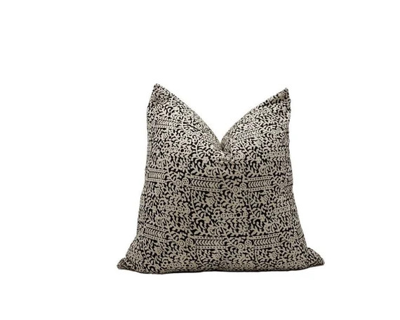 LOLA || Black geo floral hand block pillow cover | Etsy (US)