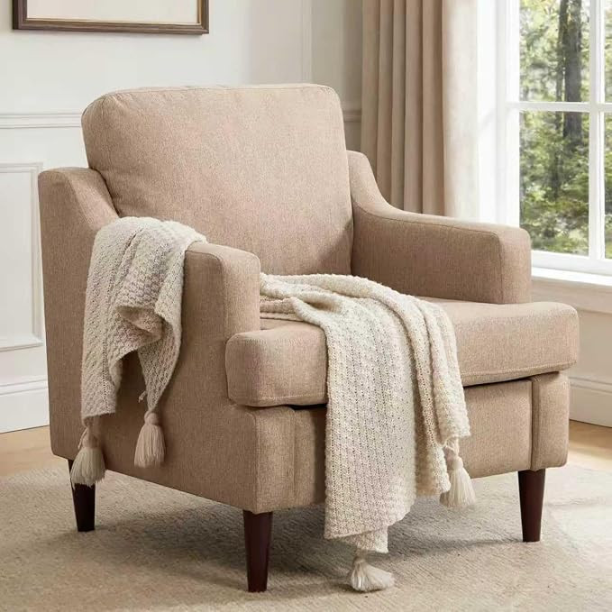 Mid-Century Accent Chair Modern Linen Fabric Armchair for Living Room,Comfy Upholstered Reading C... | Amazon (US)