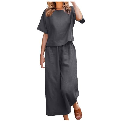Vacation Outfits for Women Linen Summer Lounge Sets 2 Piece Oversized Set Short Sleeve Tops and Wide Leg Pant Set Dark Gray | Amazon (US)