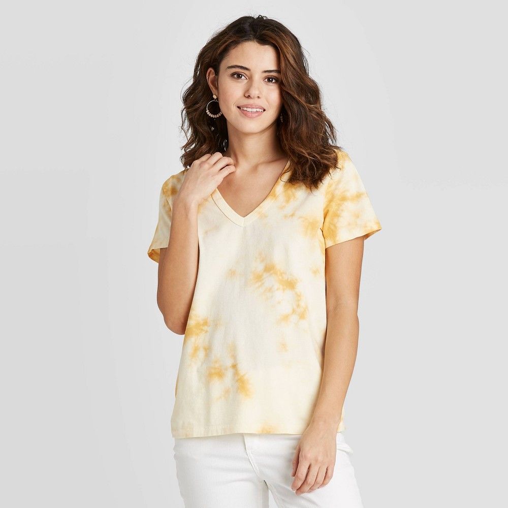 Women's Short Sleeve V-Neck Tie-Dye T-Shirt - Universal Thread Yellow/White XS | Target