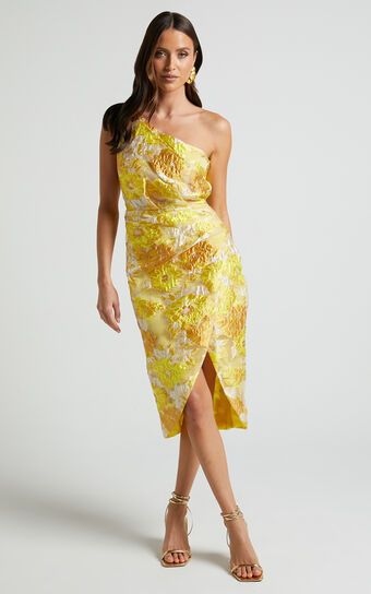 Brailey Midi Dress - One Shoulder Wrap Dress in Yellow Floral | Showpo (US, UK & Europe)