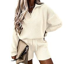 PRETTYGARDEN Women's 2 Piece Outfits Long Sleeve V Neck Lapel Knit Pullover And Shorts Sweater Se... | Amazon (US)