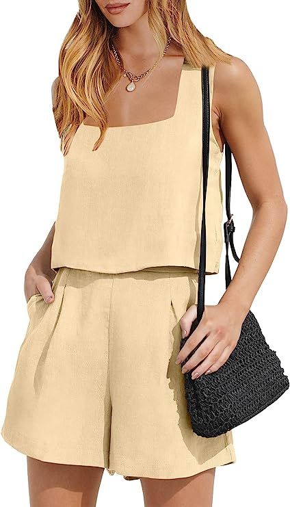ANRABESS Womens 2 Piece Outfits Linen Square Neck Crop Short Set Lounge Matching Sets 2023 Trendy... | Amazon (US)