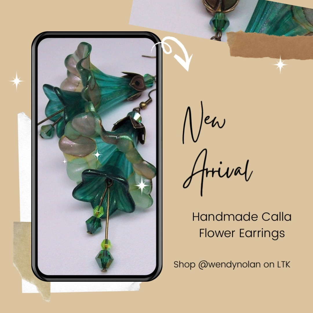 Boho earrings dangle, flower earrings. Large acrylic Lucite calla flower earrings, hand painted, and color sealed green flower earrings with a splash of yellow, emerald green & canyon brown accompanied by a smaller hand painted emerald green smaller inner flower with emerald green and lime green crystal accent beads. Dressed up or down no matter the occasion these colorful flower earrings are sure to compliment you. #uniquefind

#LTKParties #LTKU #LTKStyleTip