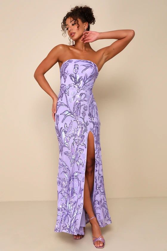 Shimmering Icon Lavender Sequin Lace-Up Strapless Maxi Dress | Lulus