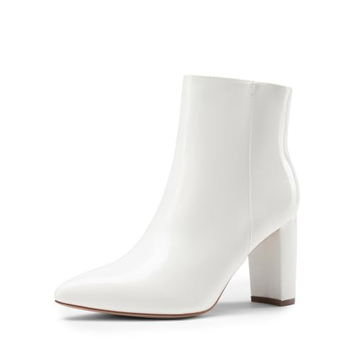 DREAM PAIRS Women's Chunky Heel Ankle Booties Pointed Toe Short Boots,Size 5.5,White-Pat,SIANNA-1 | Amazon (US)
