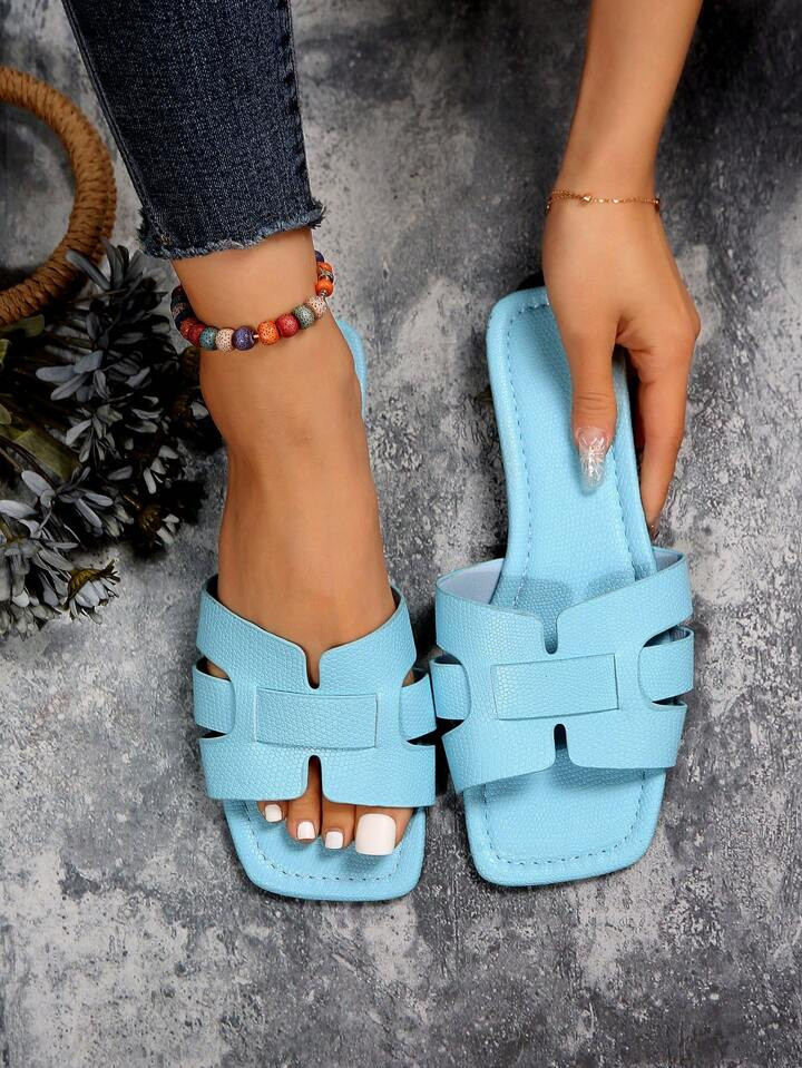Women Lizard Embossed Cut Out Flat Sandals, Fashion Blue Slide Sandals | SHEIN