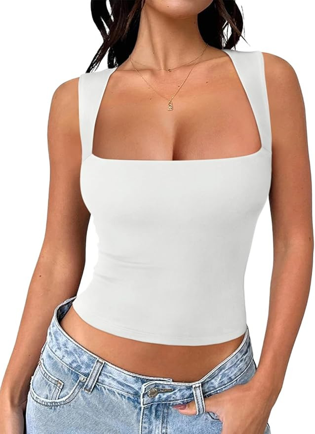 REORIA Butsmooth® Women's Square Neck Going Out Crop Tops Double Lined Cute Basic Tank Tops 2025... | Amazon (US)