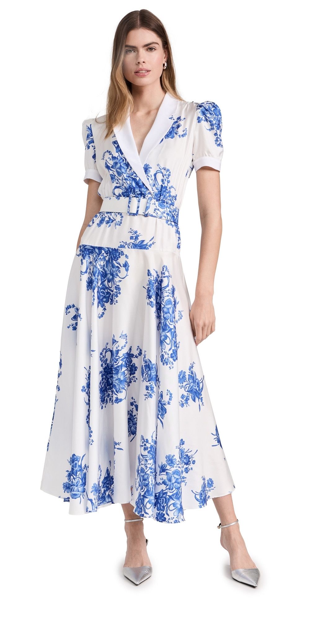 Rodarte White and Blue Floral Printed Silk Twill Collared Dress with Belt Detail Blue 2 | Shopbop