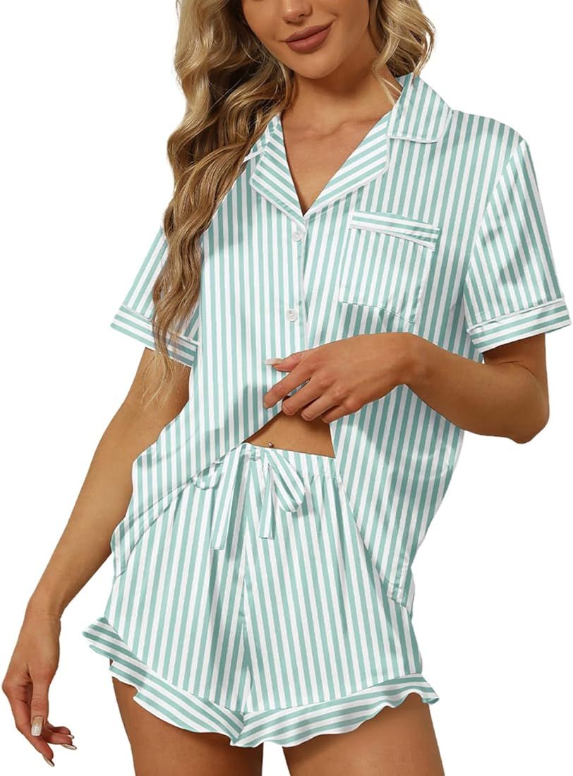 SAPJON Satin Silk Pajamas for Women 2Pcs Ruffle Notch Collar Sleepwear Button Down Short Sleeve S... | Amazon (US)