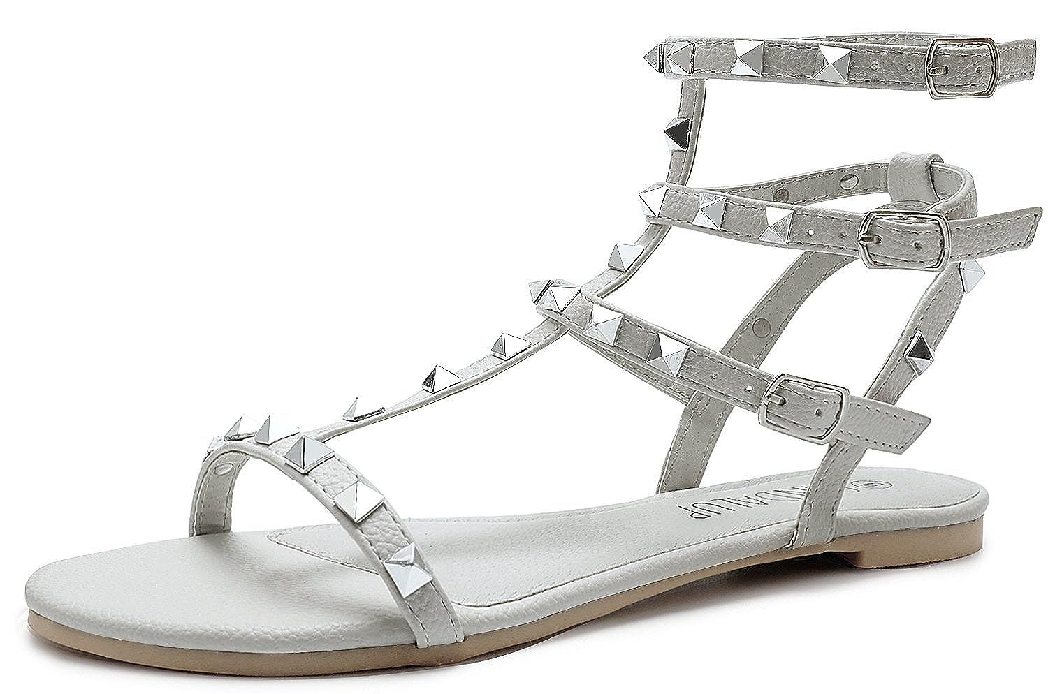 SANDALUP Rivets Studs Flat Sandals w Double Metal Buckle for Women’s Summer Dress Shoes | Amazon (US)