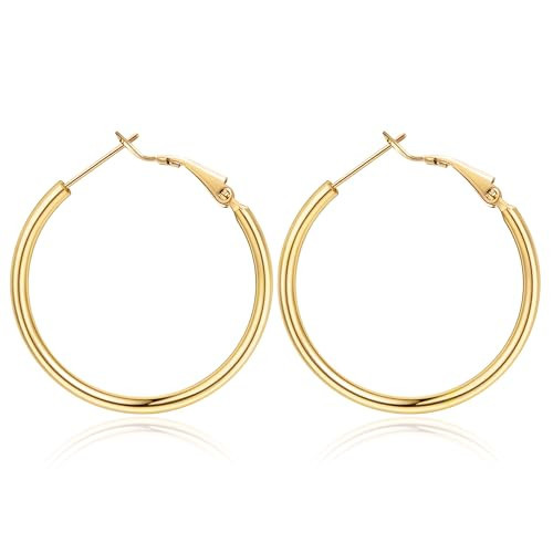 Jewlpire Small Gold Hoop Earrings for Women, Lightweight 14K Gold Plated Hoop Earrings, Thin Gold Earrings for Women Trendy 30mm | Amazon (US)