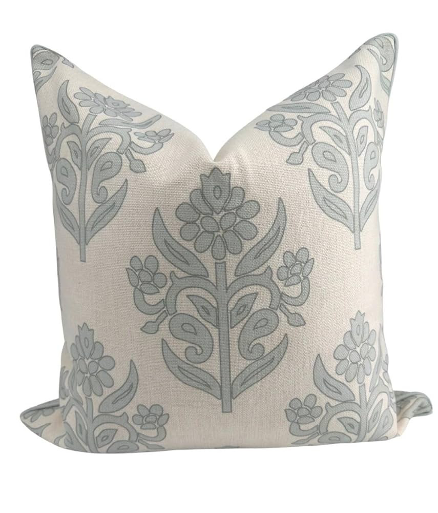 “The Naples” Floral Block Print Pillow Cover – Soft Grey and Off-White Decorative Throw Pil... | Amazon (US)