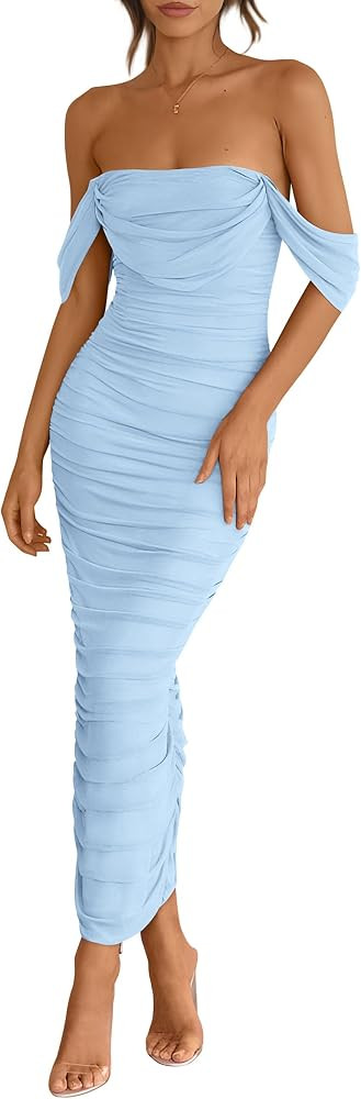 PRETTYGARDEN Womens 2026 Summer Off The Shoulder Dress Ruched Bodycon Sleeveless Split Cocktail P... | Amazon (US)