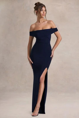 Law of Attraction | Navy Bardot Draped Split Maxi Dress | Club L London