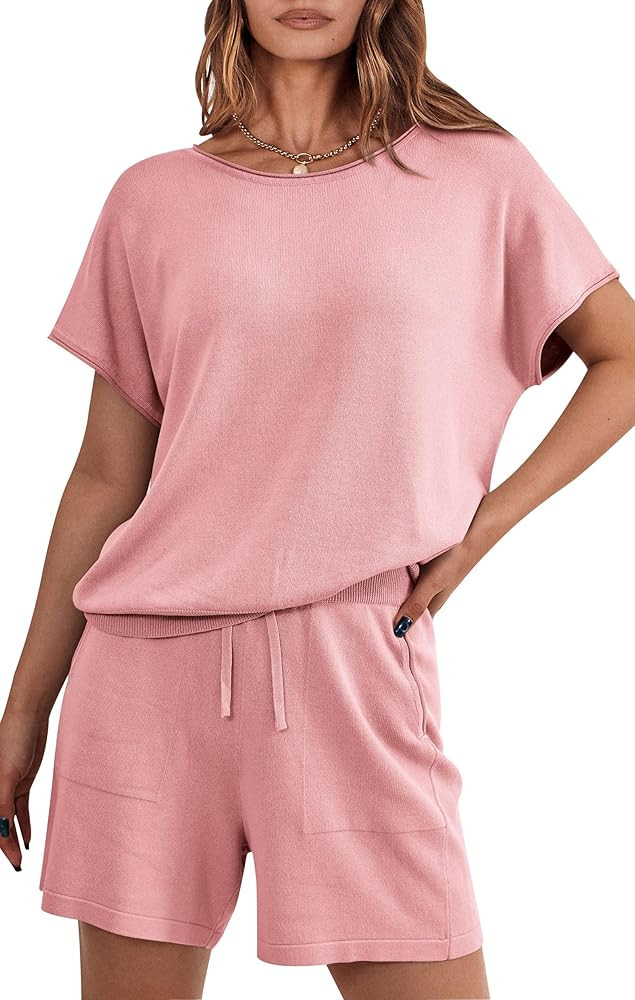 PRETTYGARDEN Two Piece Set 2024 Summer Lounge Tracksuit Outfits Shorts And Short Sleeve Tops Knit... | Amazon (US)