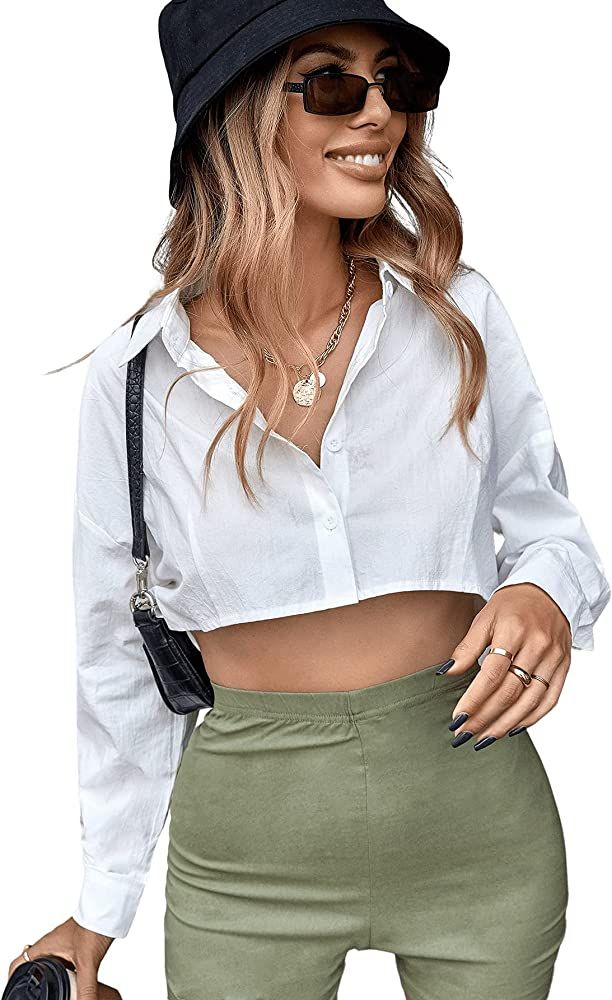 SweatyRocks Women's Long Sleeve Button Down Collared Crop Blouse Shirt Top | Amazon (US)