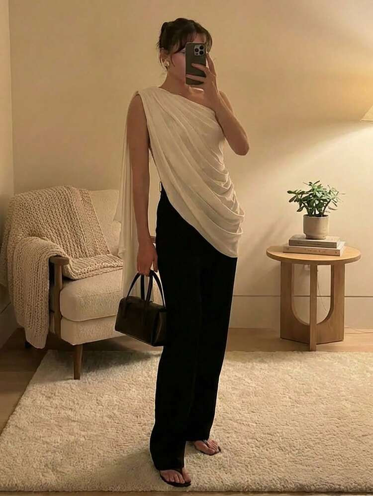 Aloruh Apricot Asymmetrical Satin Sleeveless Blouse, Elegant For Commuting, New Spring/Summer,Spring | SHEIN