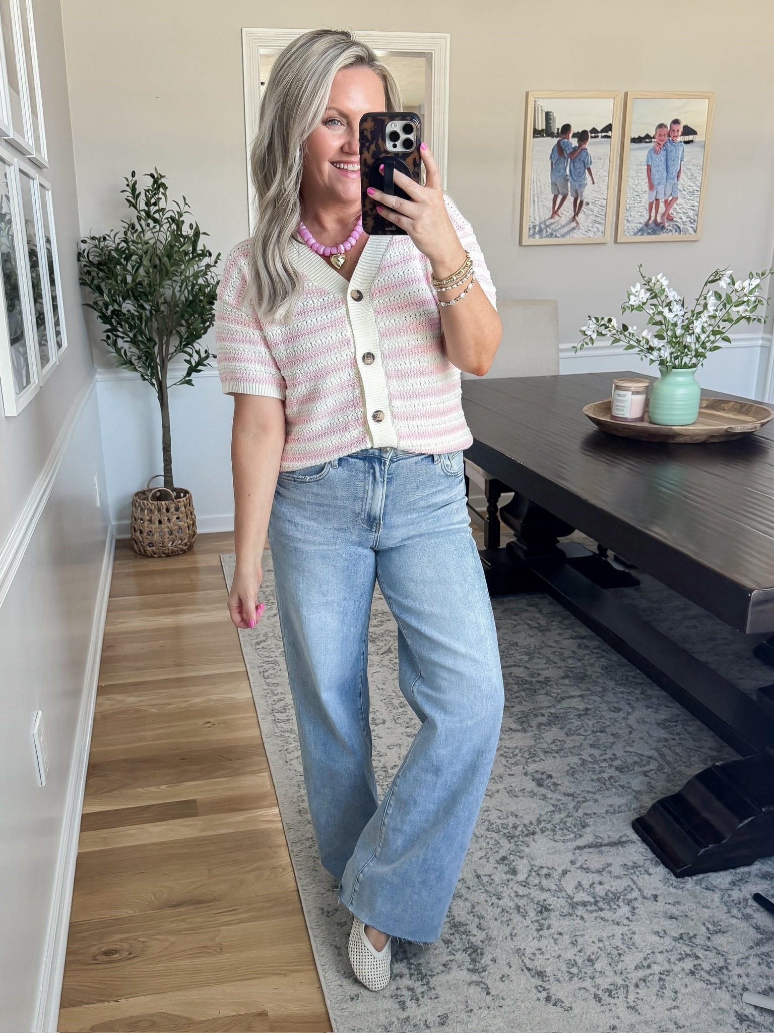 Spring outfit inspo, pink striped cardigan, light wash denim, elevated spring outfit, short sleeve cardigan, Lovelylifestyling 

#LTKWorkwear #LTKootd #LTKSeasonal