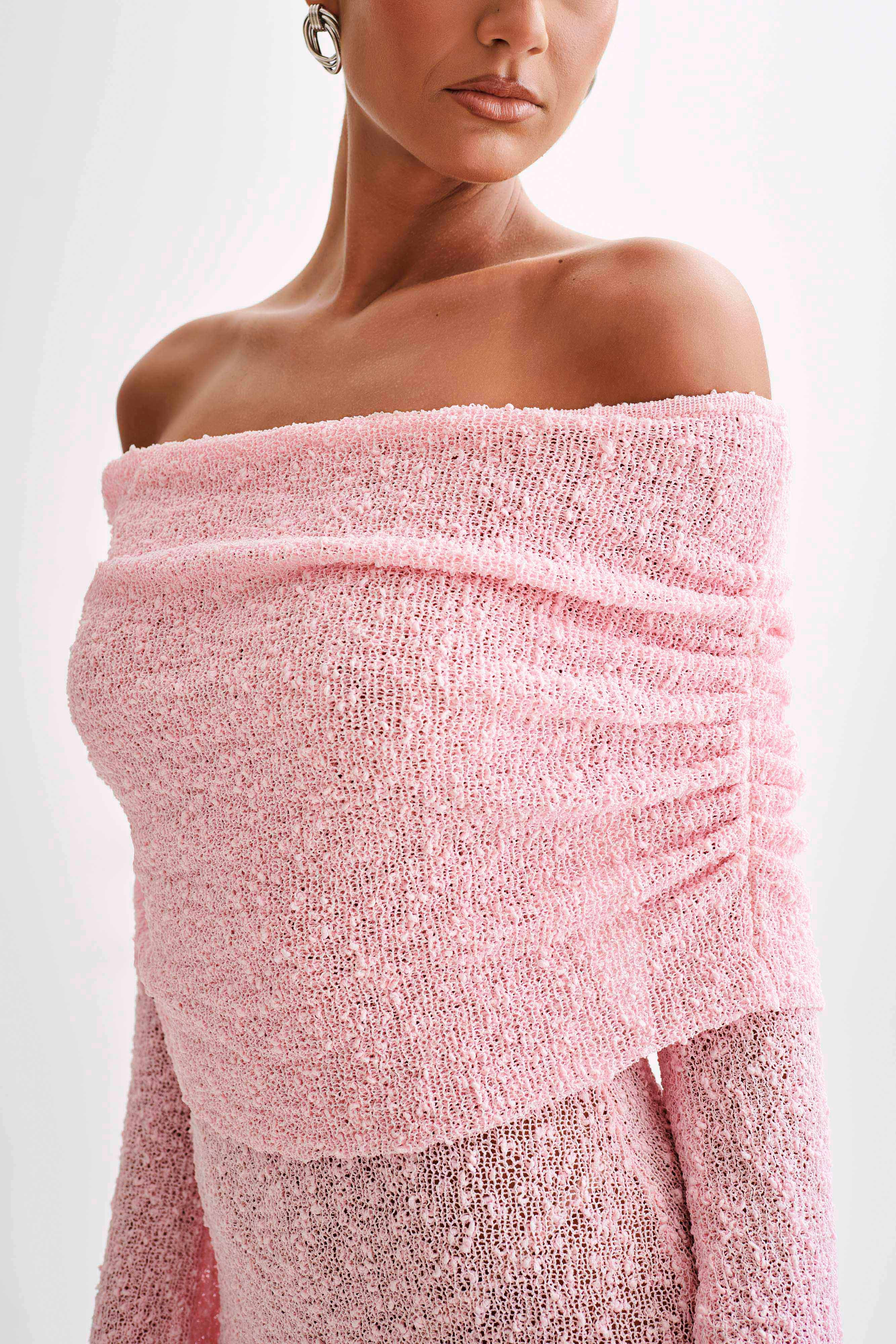 Marisol Off Shoulder Boucle Mini Dress - Baby Pink | MESHKI US