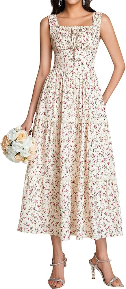 KUTUMAI Floral Corset Milkmaid Midi Dress Flowy Lace Tiered Cottagecore Wedding Guest for Women 2... | Amazon (US)