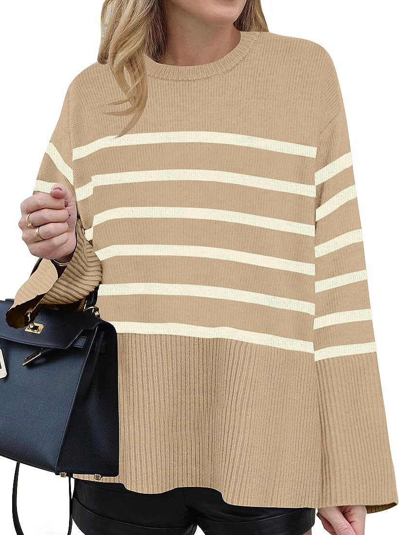 ZESICA Women's 2023 Fall Winter Striped Long Sleeve Crew Neck Ribbed Knit Side Slit Oversized Pul... | Amazon (US)