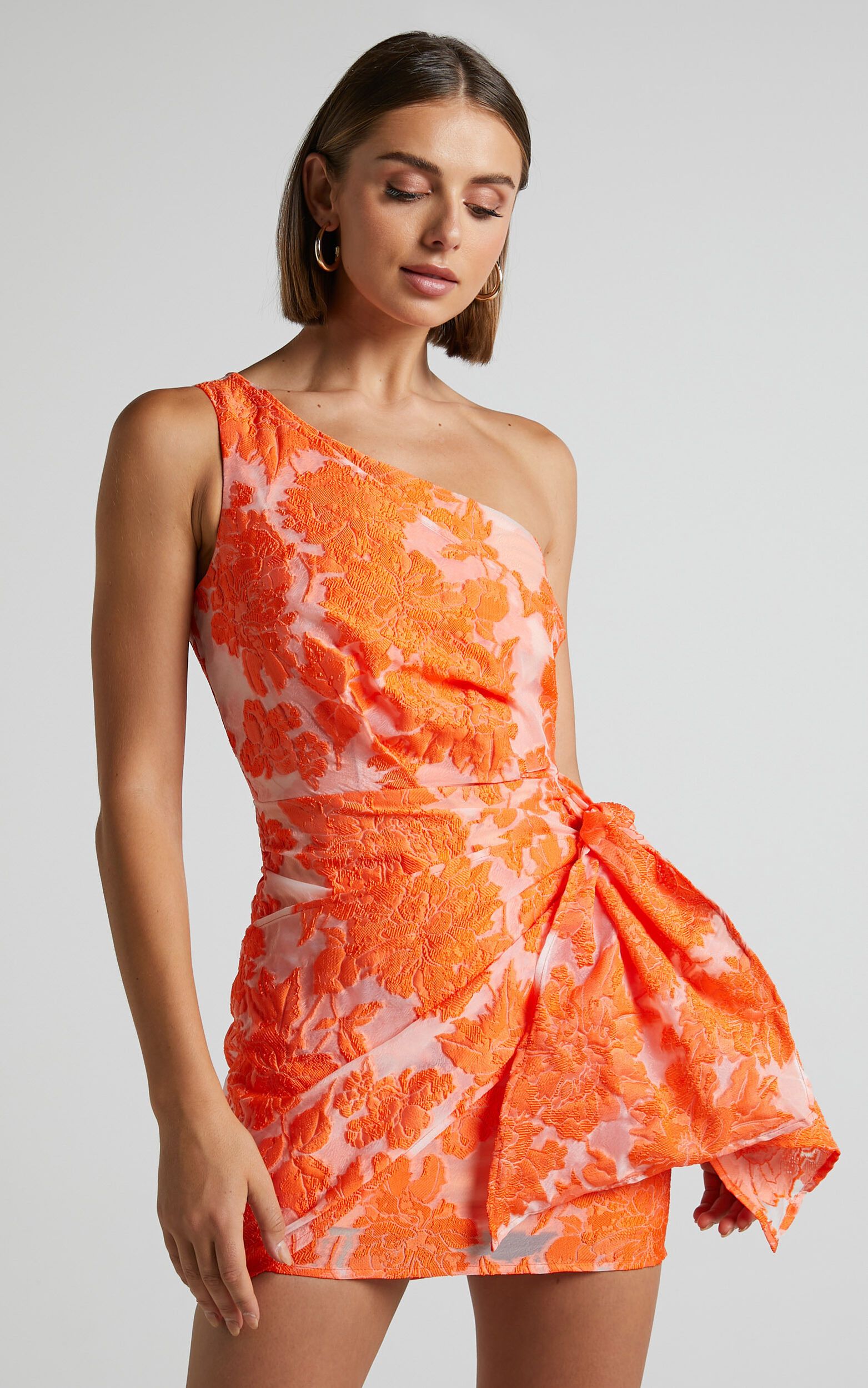 Brailey Mini Dress - One Shoulder Wrap Front Dress in Orange Jacquard | Showpo (US, UK & Europe)