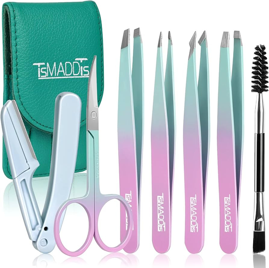 TsMADDTs 7 pcs Tweezers for Women Facial Hair, Precision Tweezer Set for Eyebrows with Curved Sci... | Amazon (US)