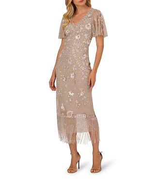 Mesh Beaded Fringe V-Neck Flutter Sleeve Sheath Midi Dress | Dillard's