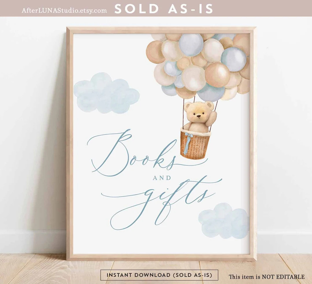 Boy Teddy Bear Hot Air Balloon Baby Shower Decor Books and Gifts Sign We Can Beary Wait Decor Dig... | Etsy (US)