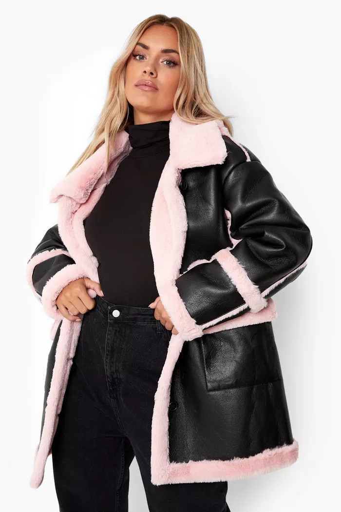 Plus Pink Faux Fur Trim Longline Aviator Jacket | boohoo (US & Canada)
