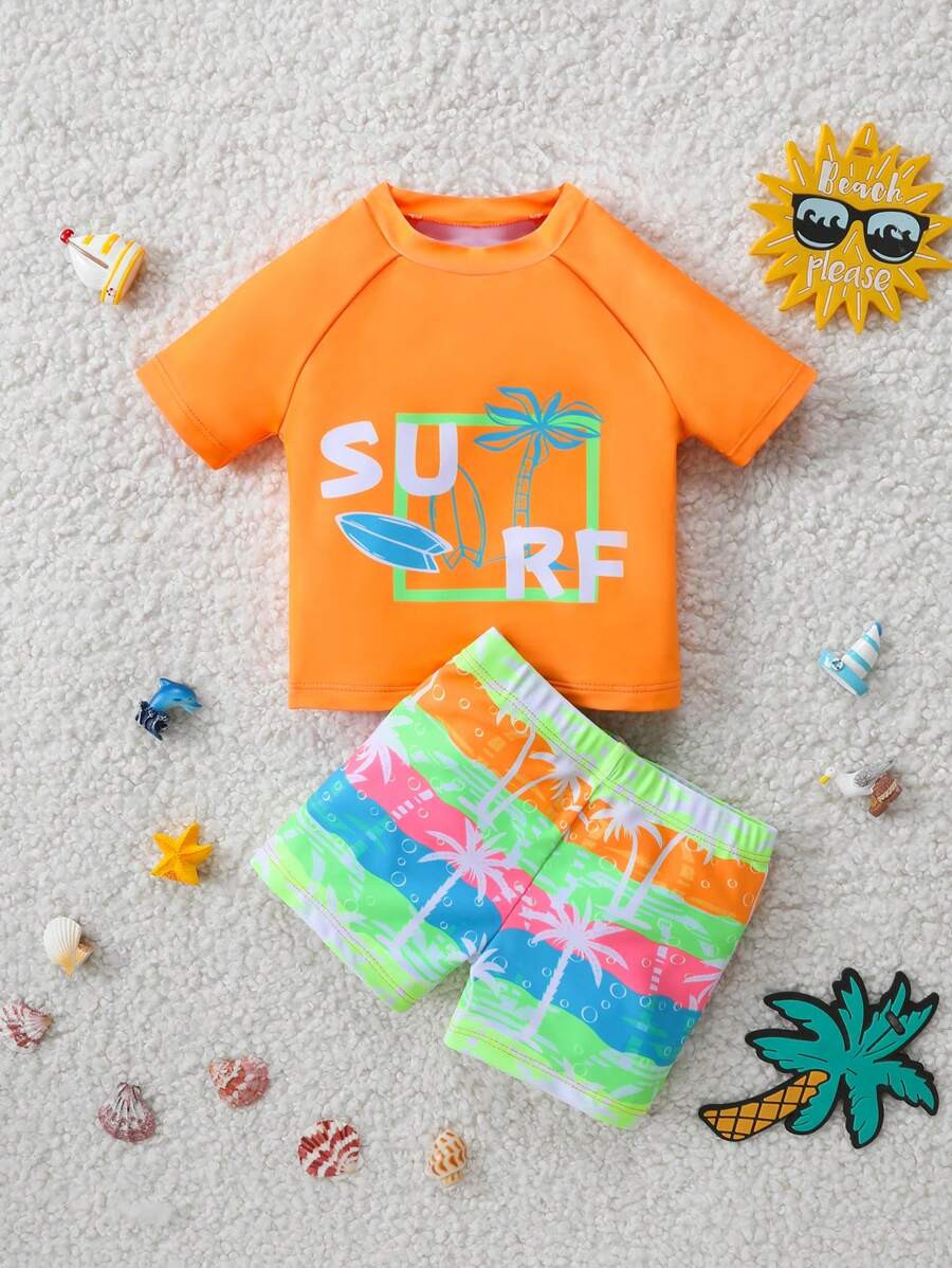 Baby Boy's Letter & Palm Tree Printed Short Sleeve Swimsuit And Swim Trunks, Bathing Suit Beach O... | SHEIN