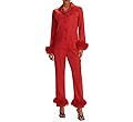 SOLILOQUY Women Feather Trim Silk Satin Pajama Set Christmas Button Up Long Sleeve Top and Pants ... | Amazon (US)