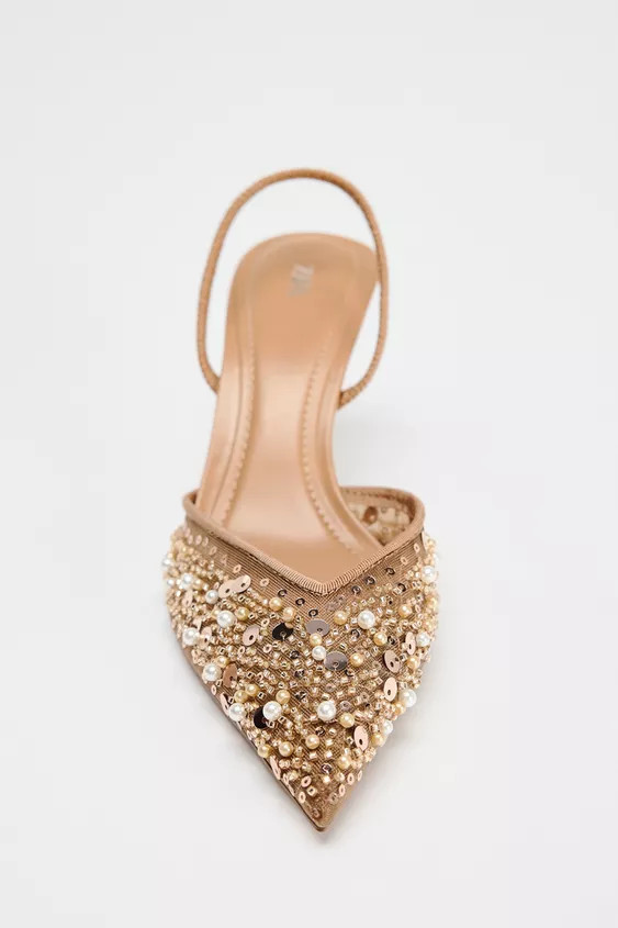 Slingback shoes with mesh and beading detail on the front. Elastic back strap. Pointed toe. Heel ... | Zara US