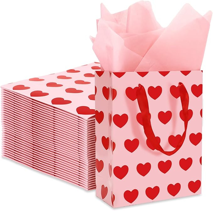 JarThenaAMCS 24Pcs Valentine's Day Paper Bags with 30 Sheets Tissue Paper Pink Red Love Heart Tre... | Amazon (US)
