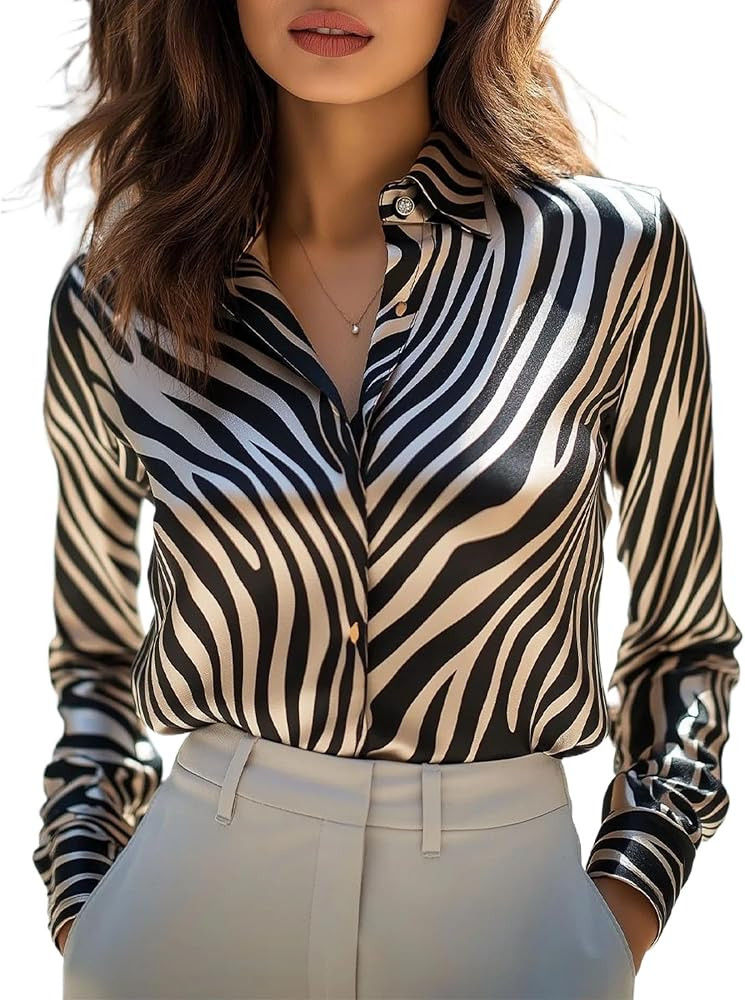 DGHM-JLMY Women's Summer V-Neck Shirt Zebra Print Lapel Zebra Print Blouses Button Shirts Fashion... | Amazon (US)